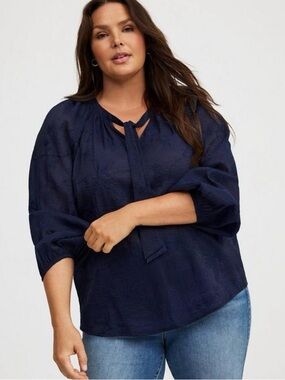 torrid Navy Tie-Neck Plus-Size Textured Blouse